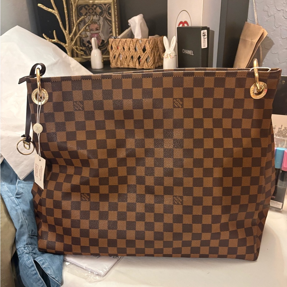 New multi brown checker tote